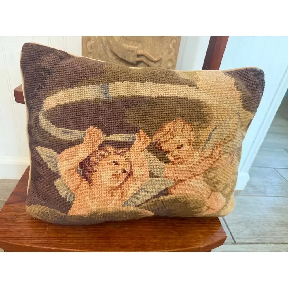 Vintage Needlepoint Cherub Angel Decorative Pillow 12” x 16” – Removable Insert